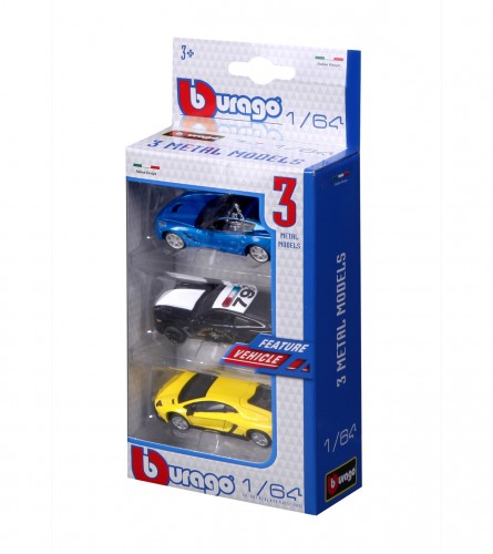 1/64 Vehicles, 3-PK. 
Assortments:
2007 BMW 760li, 2006 Lamborghini Gallardo, 1964 VW Beetle, Lamborghini Aventador, Volkswagen Van, Peugeot RCZ