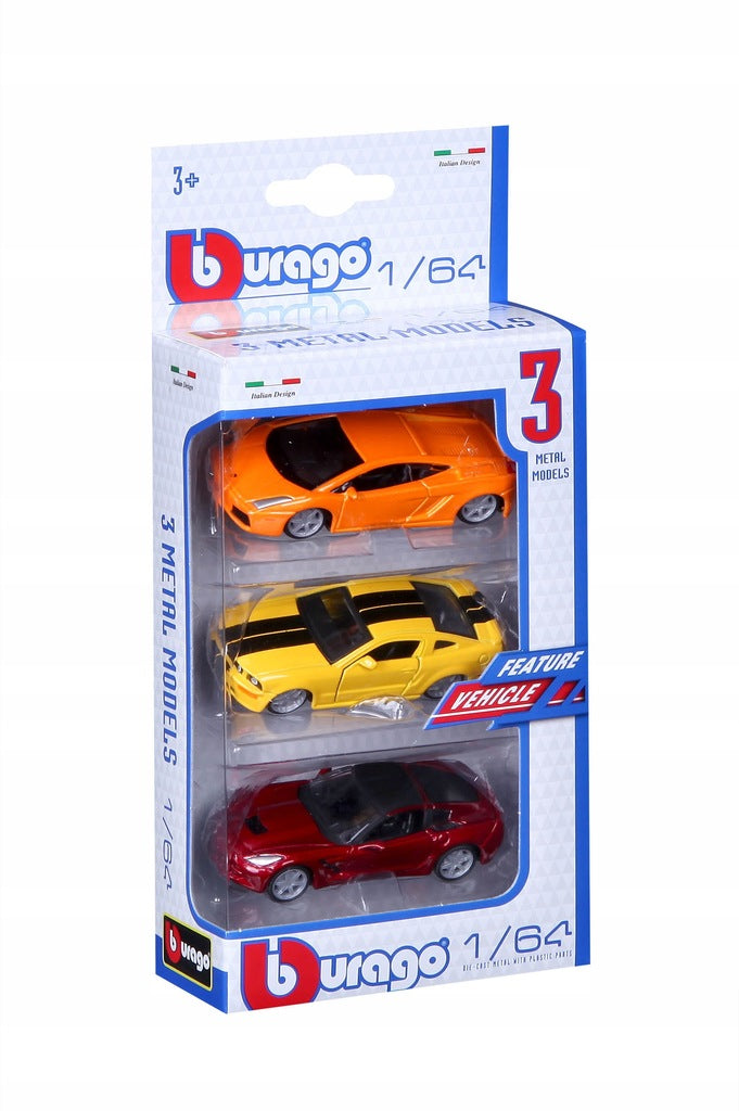 1/64 Vehicles, 3-PK. 
Assortments:
2007 BMW 760li, 2006 Lamborghini Gallardo, 1964 VW Beetle, Lamborghini Aventador, Volkswagen Van, Peugeot RCZ