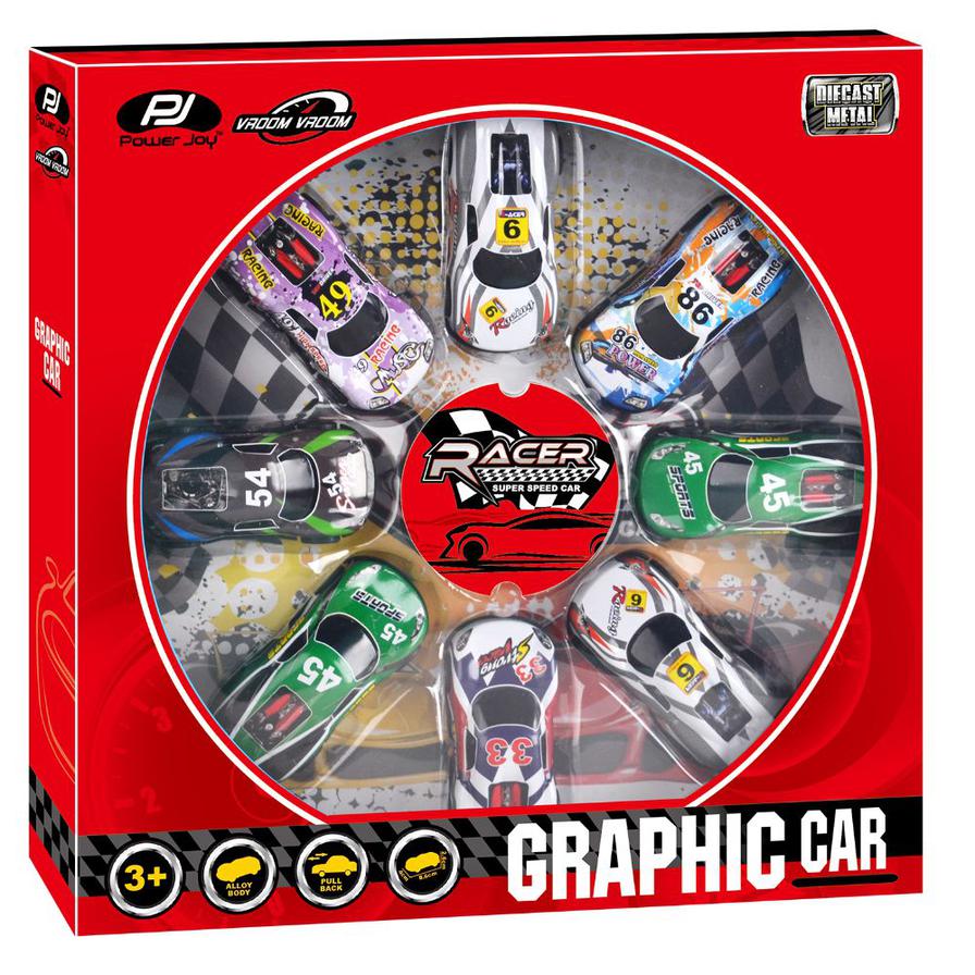 P.Joy V.Vroom Pullback Graphic Car 8Pcs-P.JOY